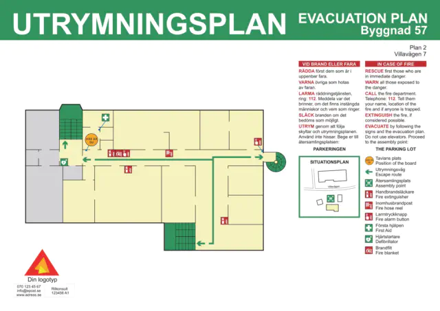 Ritkonsult standard utrymningsplan där byggnaden är ritad i 2D