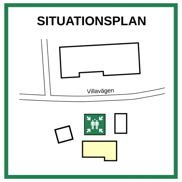 En situationsplan med fyra byggnader. Den aktuella byggnaden är markerad i gult och över den sitter återsamlingsplatsen. Över vägen står gatunamnet