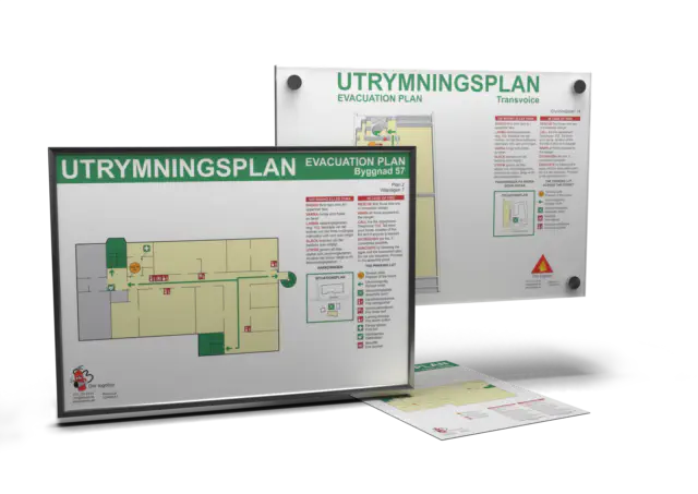 utrymningsplans exempel i plexi, standardram och tryck